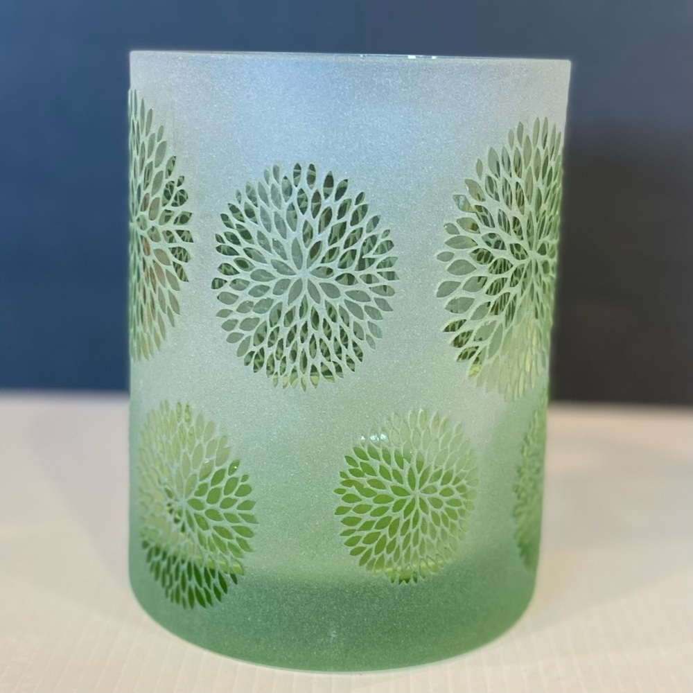 Chrysanthemum Etched Lime Frosted Glass Vase 6” Tall - Picture 3 of 8